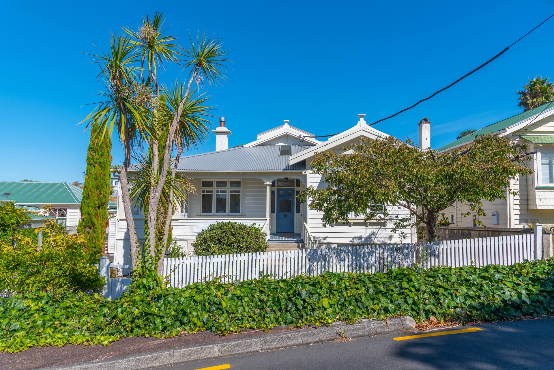 A white weatherboard house with a grey iron roof, an arched porch and a blue front door, behind a white picket fence, with cabbage trees in the garden and an overhead power line running to the house